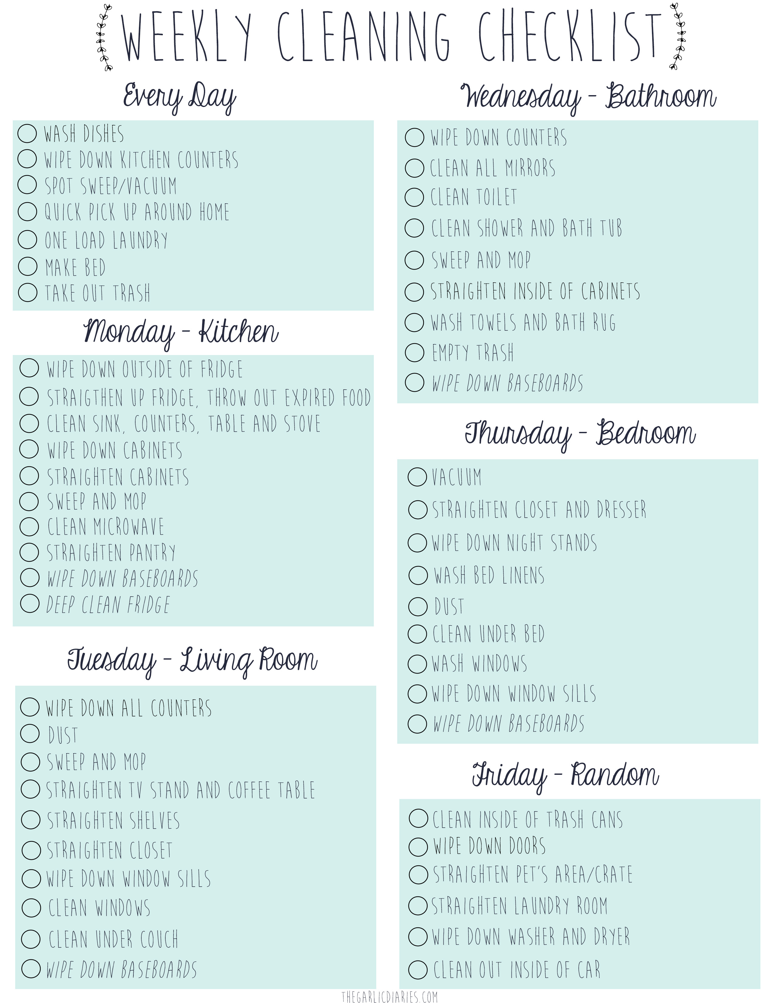 Daily Weekly Monthly Housekeeping Checklist