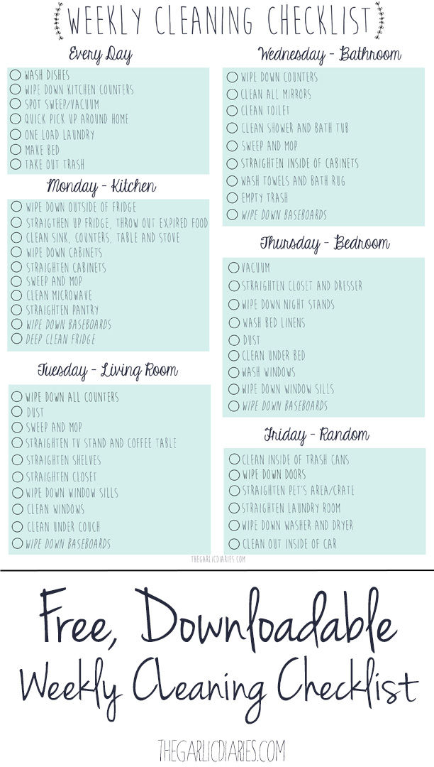 Free Downloadable Weekly Cleaning Checklist